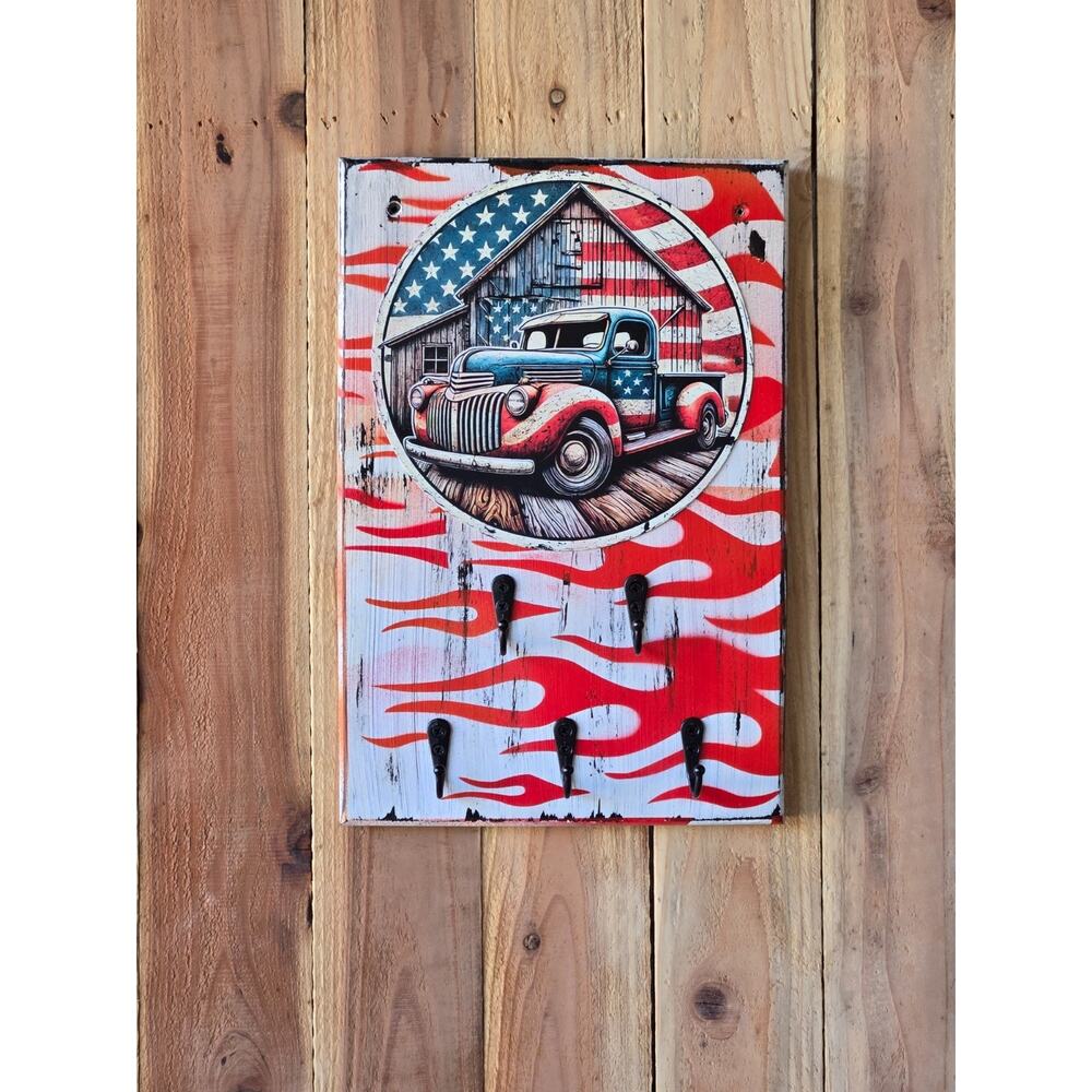 Classic Truck Sign / Key Holder, Vintage Look, Solid Wood w/ Metal Sign, 5 Hooks